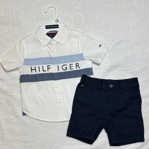 NWOT Tommy Hilfiger  White and Navy Button Down Shirt & shirt set 18 mo